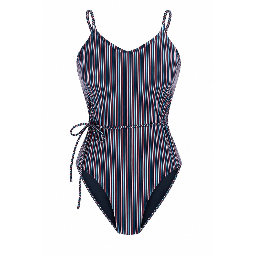 Striped One Piece Swimsuit Tie Waist XL beach vacation summer pool hipster black